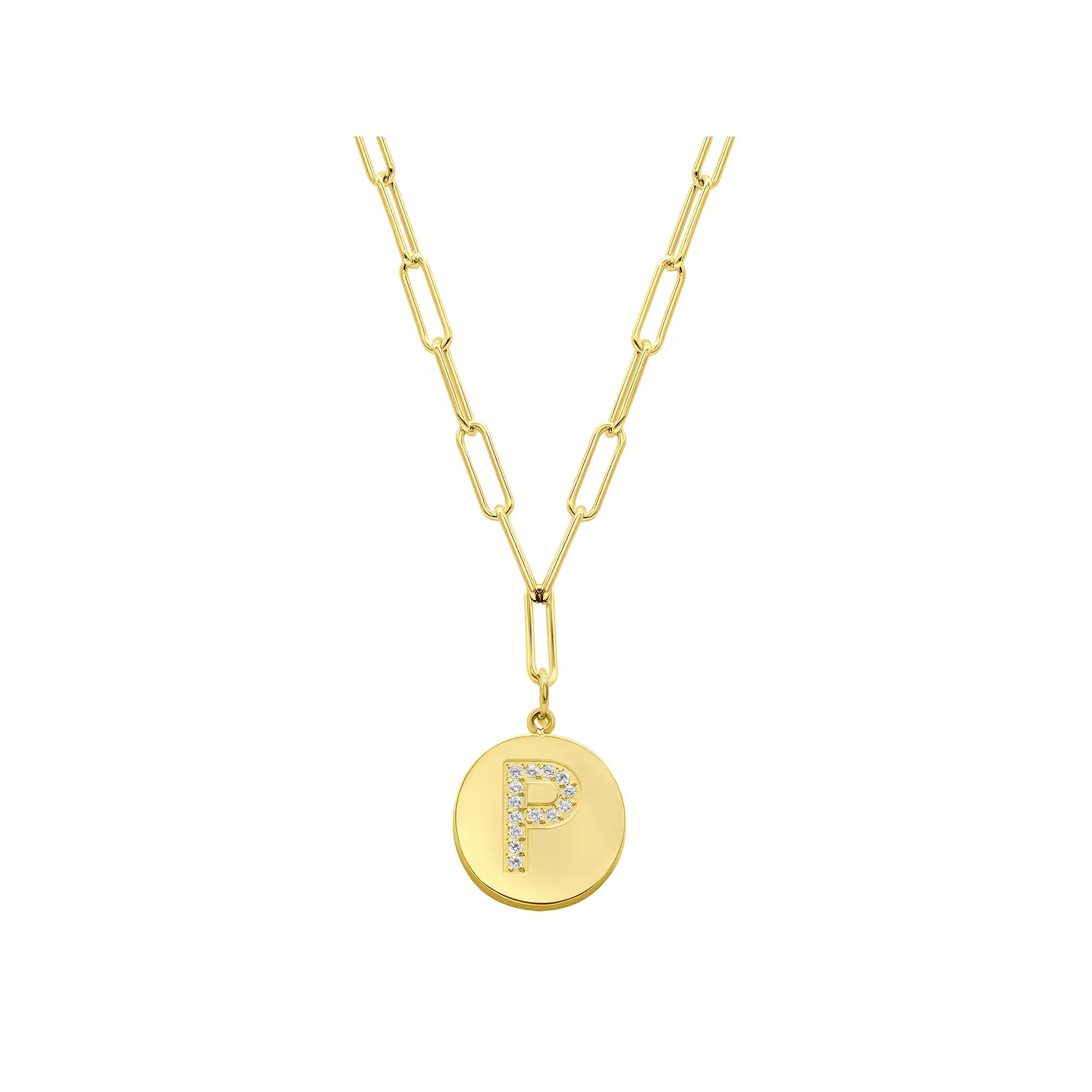 Adornia Gold Tone Adjustable Cubic Zirconia Initial Disc Pendant Paperclip Necklace, Womens Product Image