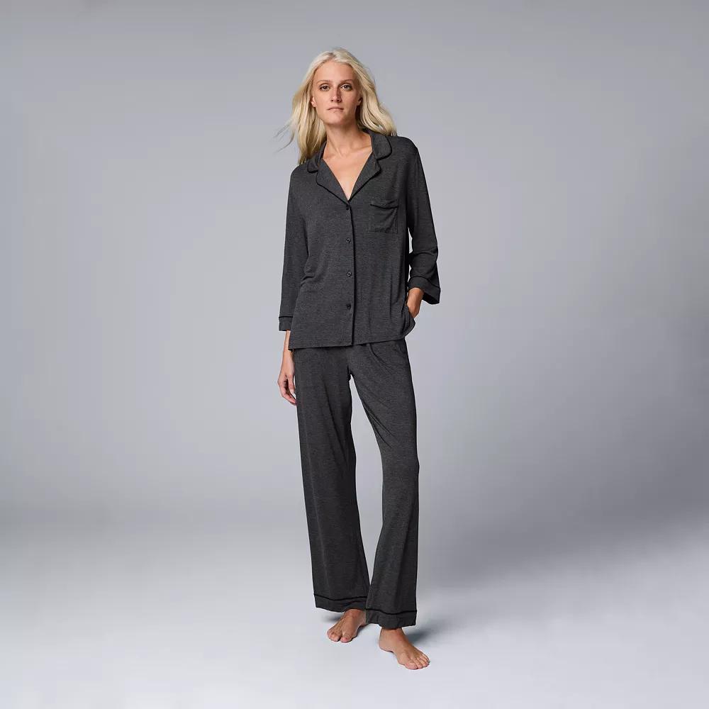 Women's Simply Vera Vera Wang Basic Luxury ¾ Sleeve Pajama Shirt & Pants Sleep Set,  Product Image