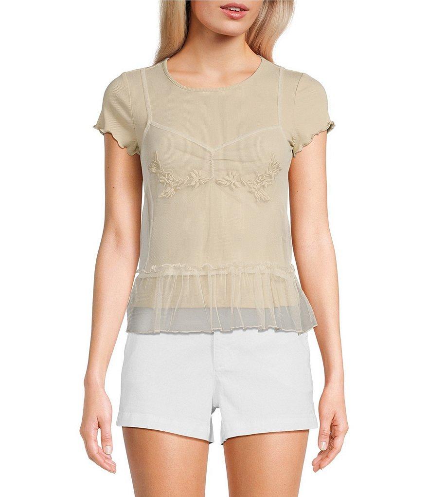 Honey & Sparkle Short Sleeve Taupe T-Shirt Layered Embroidered Tulle Babydoll Cami Top Product Image