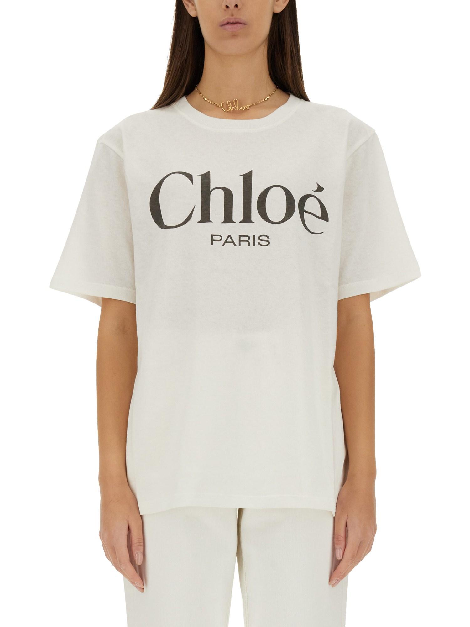 CHLOÉ White Crewneck T-shirt With Logo Print On The Front In Cotton Woman Product Image