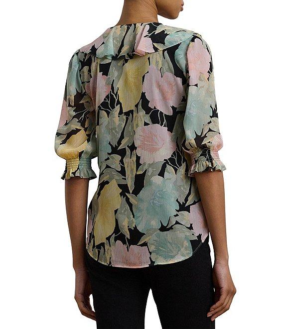 Lauren Ralph Lauren Petite Size Floral Crinkle Georgette Ruffle-Trim Blouse Product Image