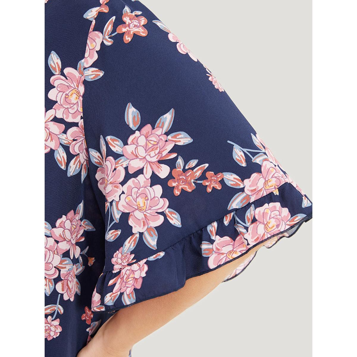 Plus Size Indigo Floral Printed Gathered Ruffle Sleeve Blouse Women Elegant Half Sleeve V-neck Dailywear Blouses BloomChic 14-16/1X Product Image