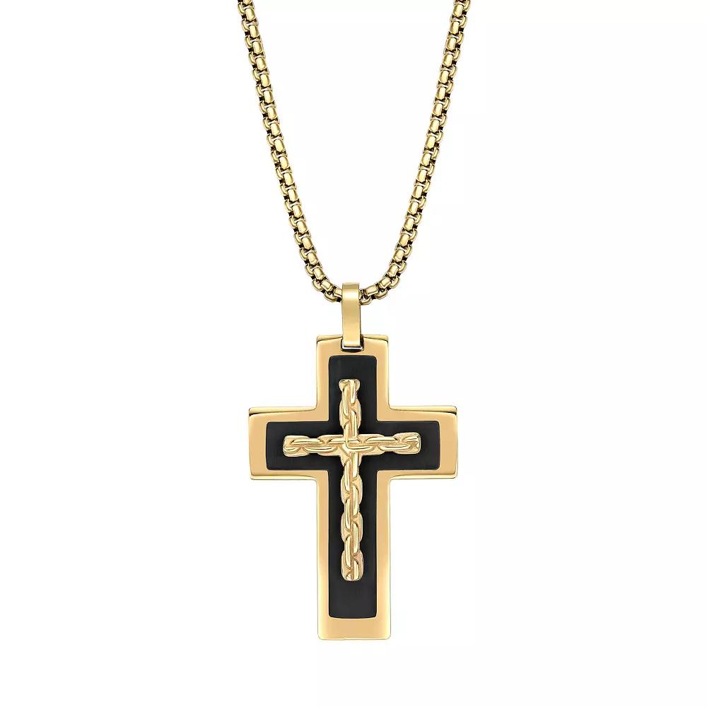 Mens LYNX Black & Gold Tone Ion Plated Stainless Steel Cross Pendant Necklace Two Tone Product Image