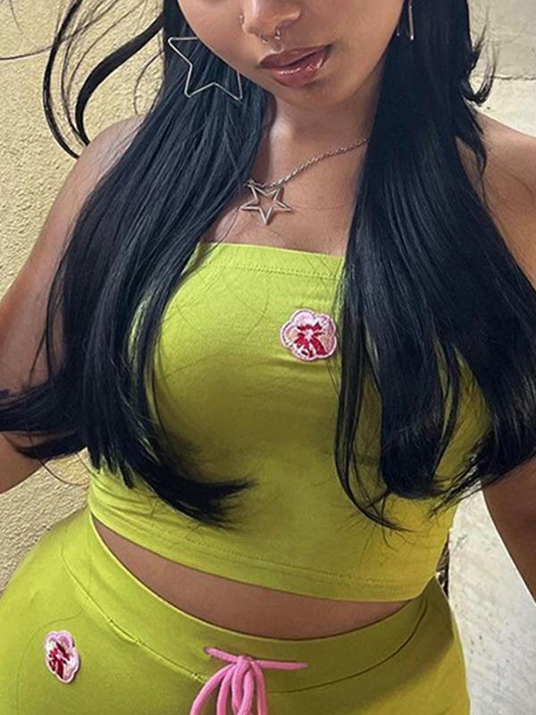 Fashionable Embroidered Tube Top High Waist Casual Trousers Two Piece Product Image