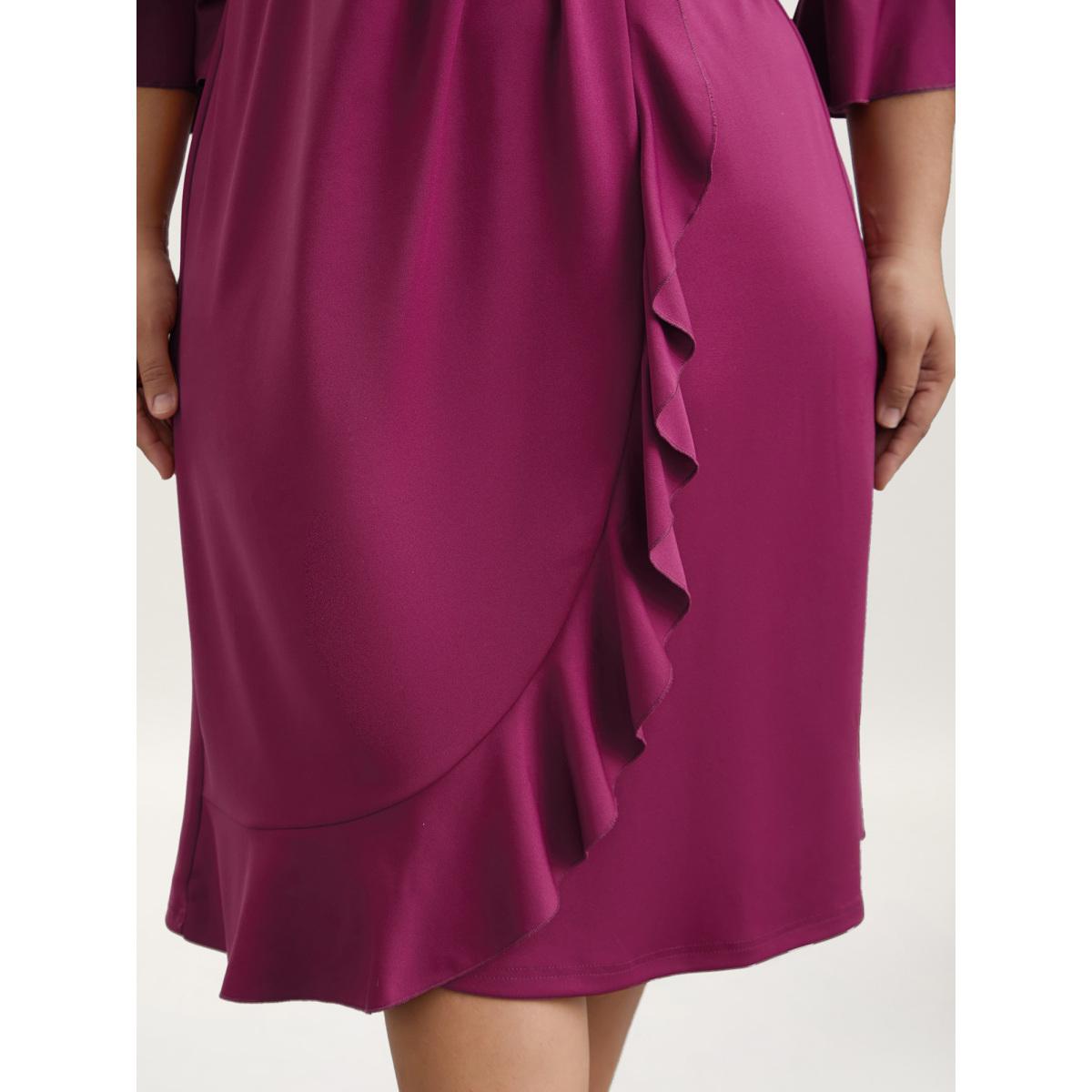 Plus Size Flared V-Neck Fake Wrap Midi Dress Deeppurplered Women Elegant Overlapping Knit Dresses Bloomchic 22-24/3X Product Image