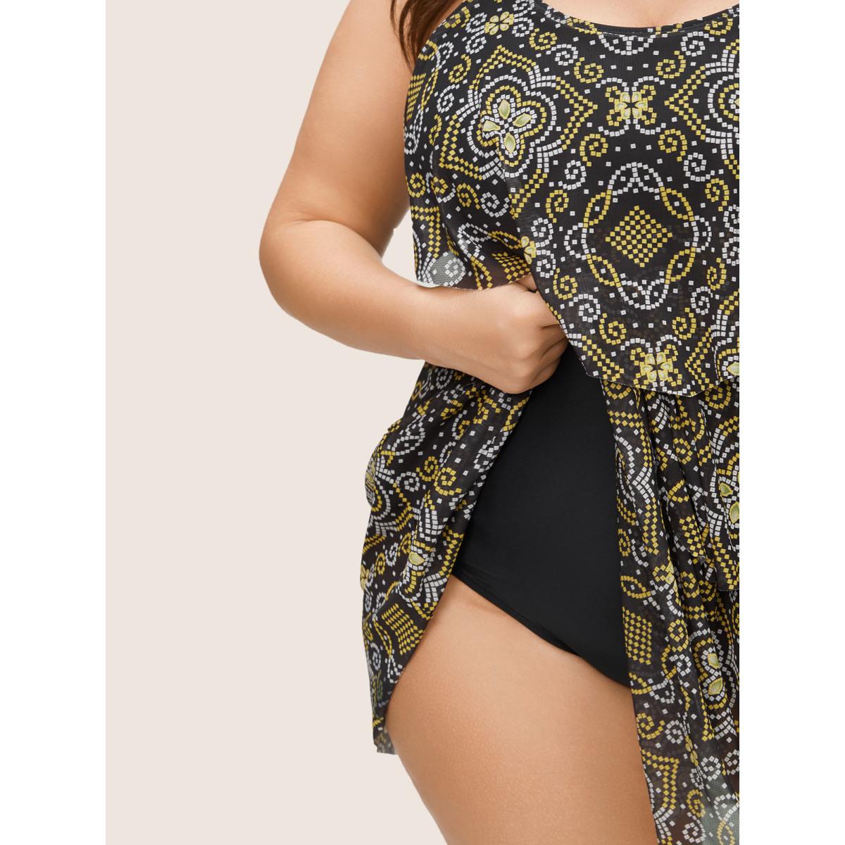 Plus Size Moroccan Print Mesh Adjustable Straps Swim Dress Women's Swimwear Black Beach Bodycon U-neck High stretch Curve Swim Dresses BloomChic 28/5X Product Image