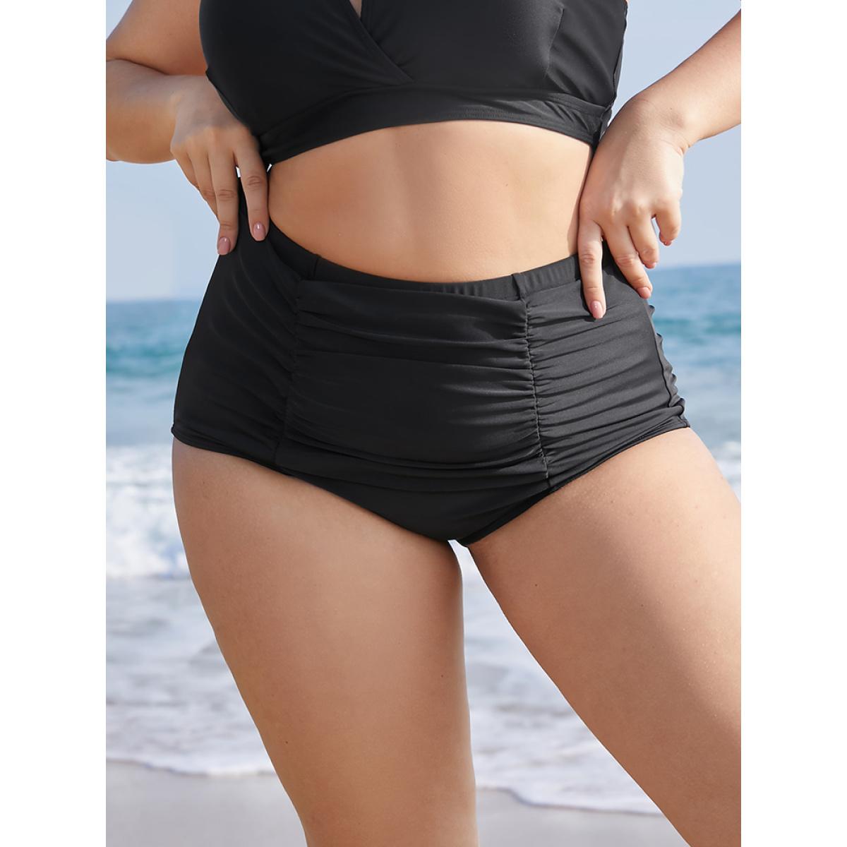 Plus Size Solid Ruched Detail Swim Bottom Women's Swimwear Black Beach Gathered High stretch Skinny High Rise Curve Swim Bottoms BloomChic 14-16/1X Product Image