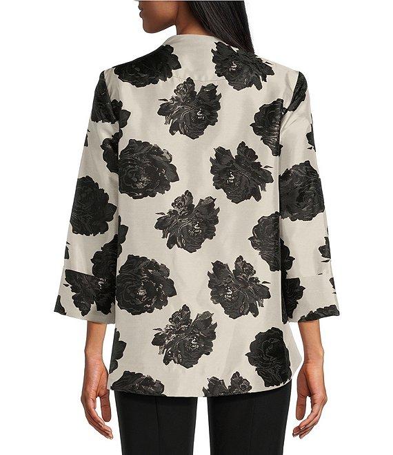 IC Collection Black Rosette Printed High Round Neck Bracelet Length Sleeve Asymmetric Hem One-Button Jacquard Jacket Product Image