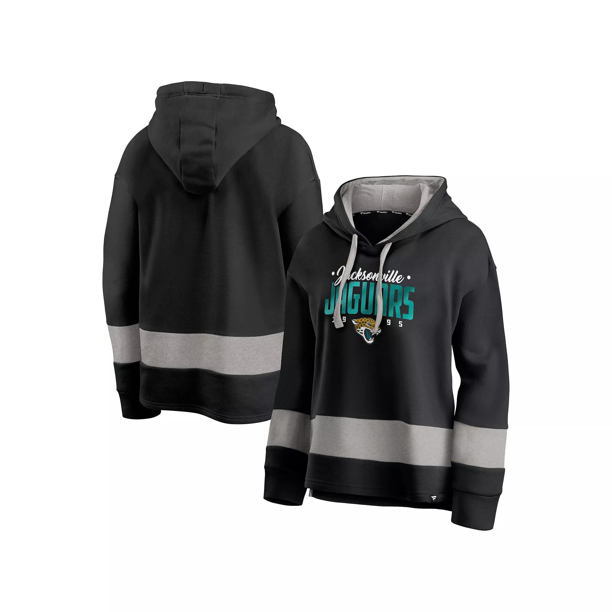 Women's Fanatics Black/Gray Jacksonville Jaguars Huddle Up Fundamental Fleece Color Block Pullover Hoodie, Size: 3XL Product Image