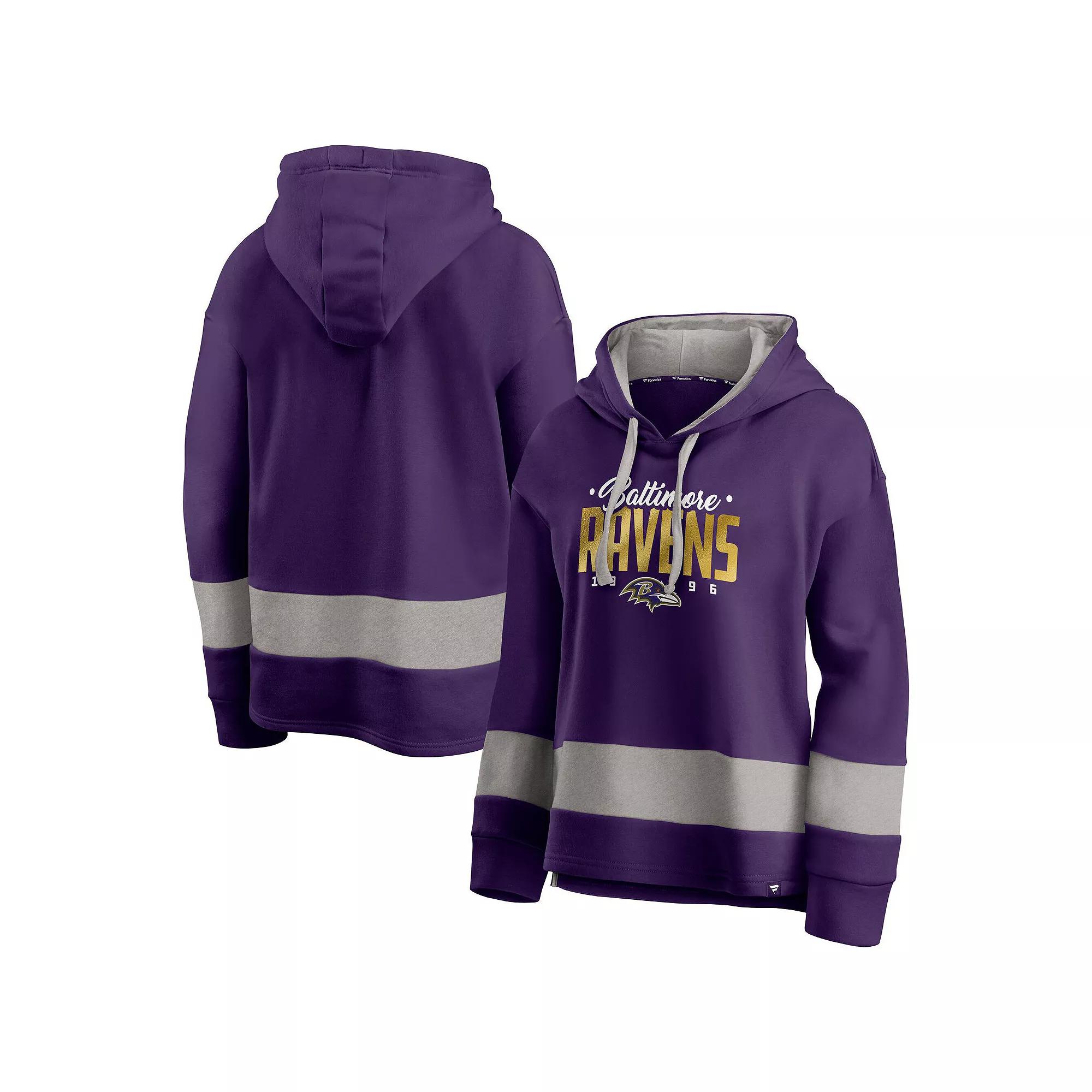 Women's Fanatics Purple/Gray Baltimore Ravens Huddle Up Fundamental Fleece Color Block Pullover Hoodie, Size: 2XL Product Image