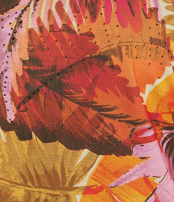 Allison Daley Plus Size Burnt Ochre Leafy Toss Print Embellished 3/4 Ruched Sleeve Crew Neck Knit Top Product Image