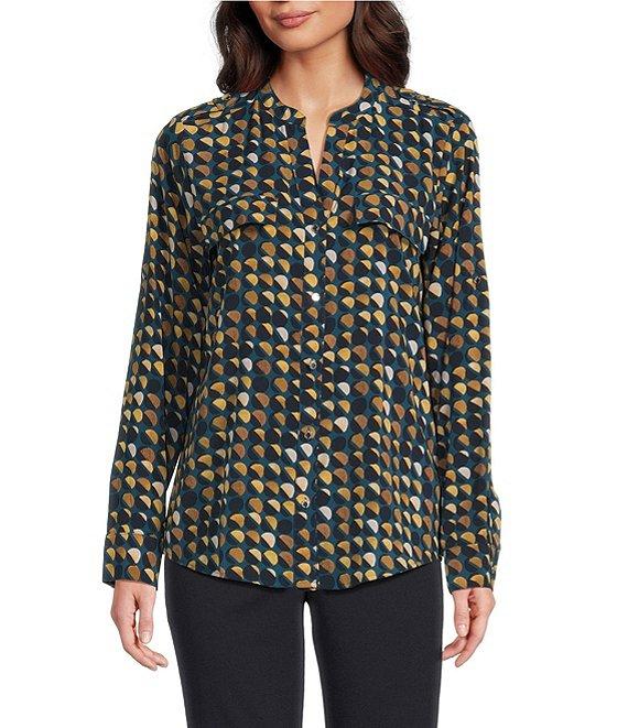 Calvin Klein Crew Neck Roll Tab Sleeve Button Front Blouse Product Image