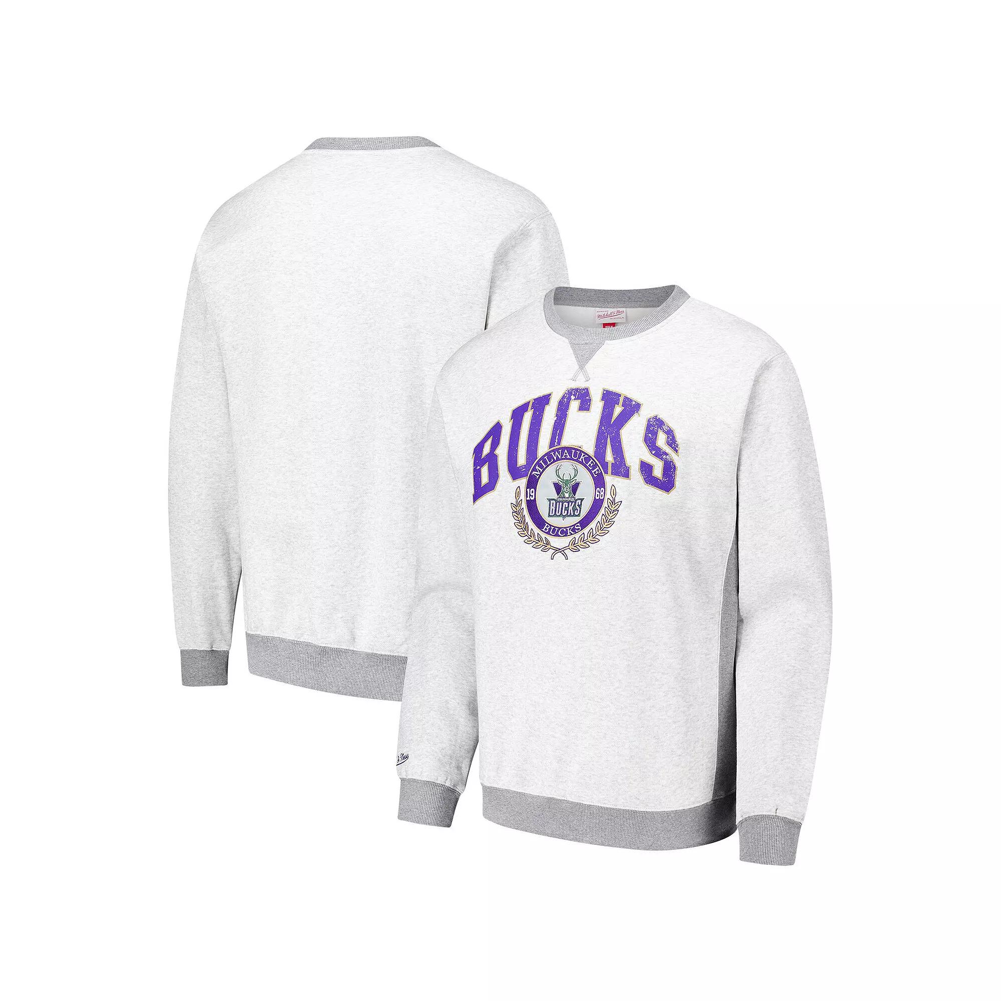 Men's Mitchell & Ness Heather Gray Milwaukee Bucks  Vintage Logo Pullover Sweatshirt, Size: 2XL, Grey Product Image