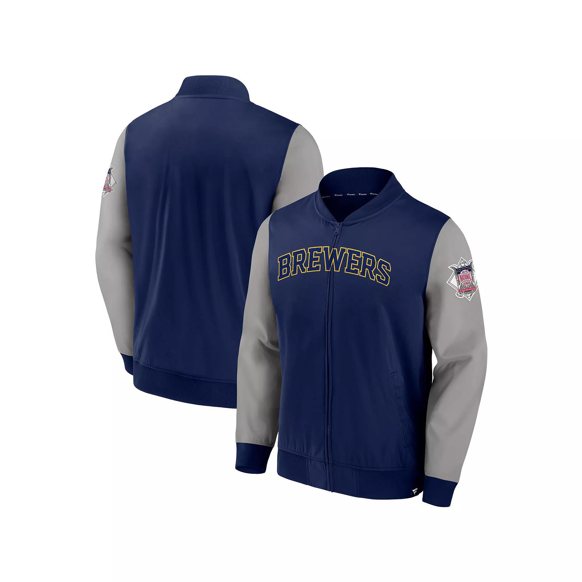 Men's Fanatics Branded Navy/Gray Milwaukee Brewers Iconic Record Holder Woven Full-Zip Bomber Jacket, Size: Medium, Blue Product Image