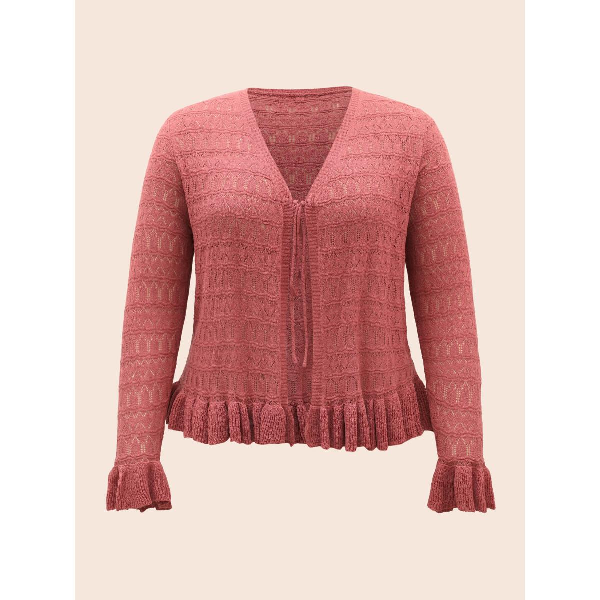 Plus Size Texture Ruffles Tie Knot Bell Sleeve Cardigan Beanpastepowder Women Casual Loose Long Sleeve Everyday Cardigans BloomChic 18-20/2X Product Image