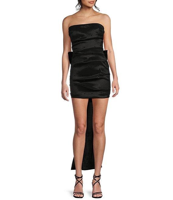 Allison & Kelly Strapless Pearl Taffeta Bow Back Mini Train Dress Product Image