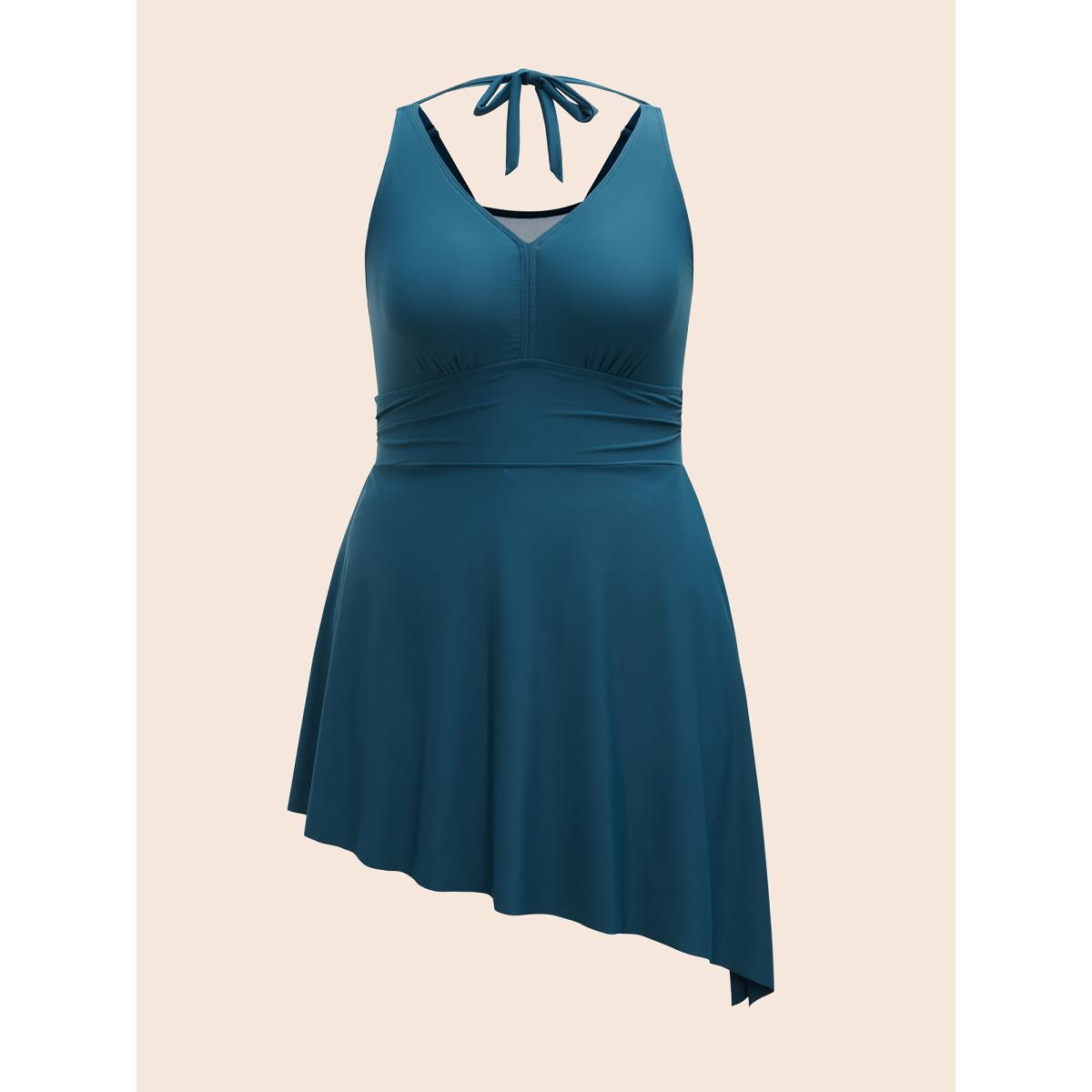 Plus Size Side-Tie Halter Neck Pockets Swim Dress Women's Swimwear Cyan Beach Bodycon V-neck High stretch Curve Swim Dresses BloomChic 18-20/2X Product Image
