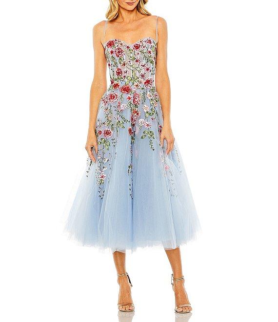Mac Duggal Embroidered Mesh Floral Sweetheart Neck Sleeveless A-Line Midi Dress Product Image