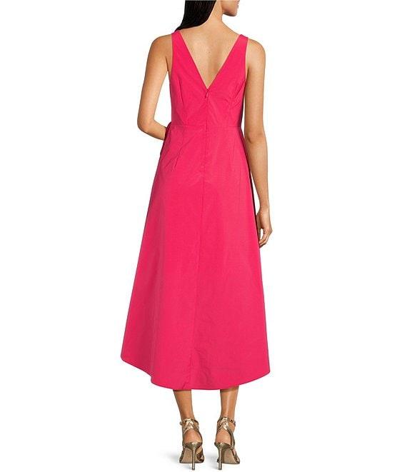 Aidan Mattox Taffeta V-Neck Sleeveless Rosette Front Ruffle High-Low A-Line Midi Dress Product Image