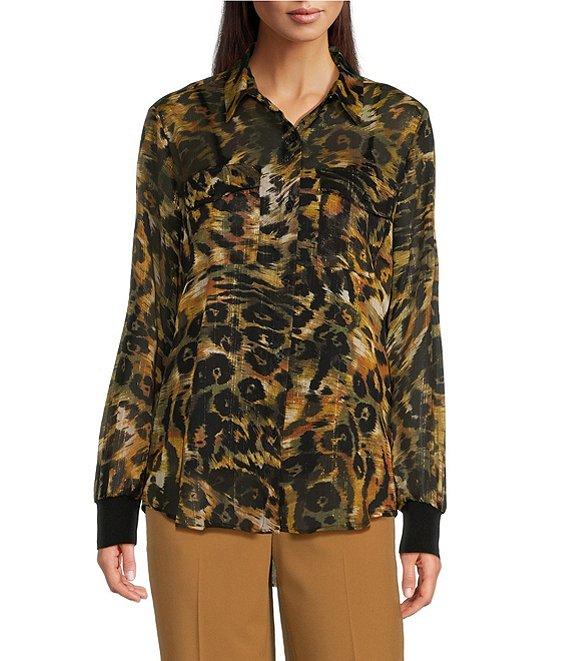 DKNY by Donna Karan Woven Metallic Button Down Collared Long Sleeve Blouse Product Image