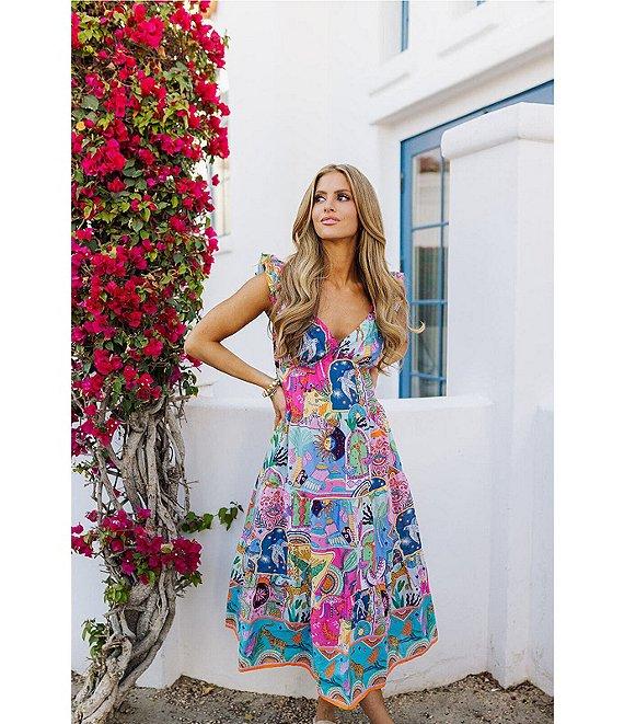 J.Marie Mara Floral V-Neck Ruffle Sleeve Midi A-Line Dress Product Image