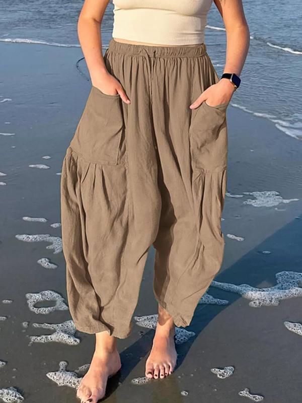 High Waisted Loose Drawstring Elasticity Pleated Pockets Solid Color Ninth Pants Trousers Product Image