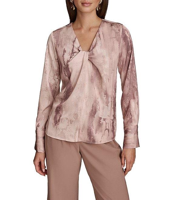 Donna Karan Mink Multi Printed Satin Twist Front V-Neck Long Sleeve Blouse Product Image