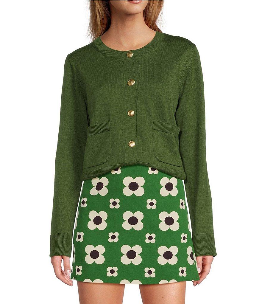 Tara Jarmon Gyslain Knit Crew Neck Long Sleeve Patch Pocket Button Front Cardigan Product Image