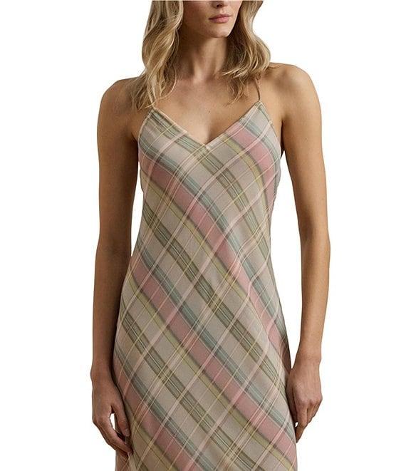 Lauren Ralph Lauren Chiffon Plaid V-Neck Sleeveless Slip Midi Dress Product Image