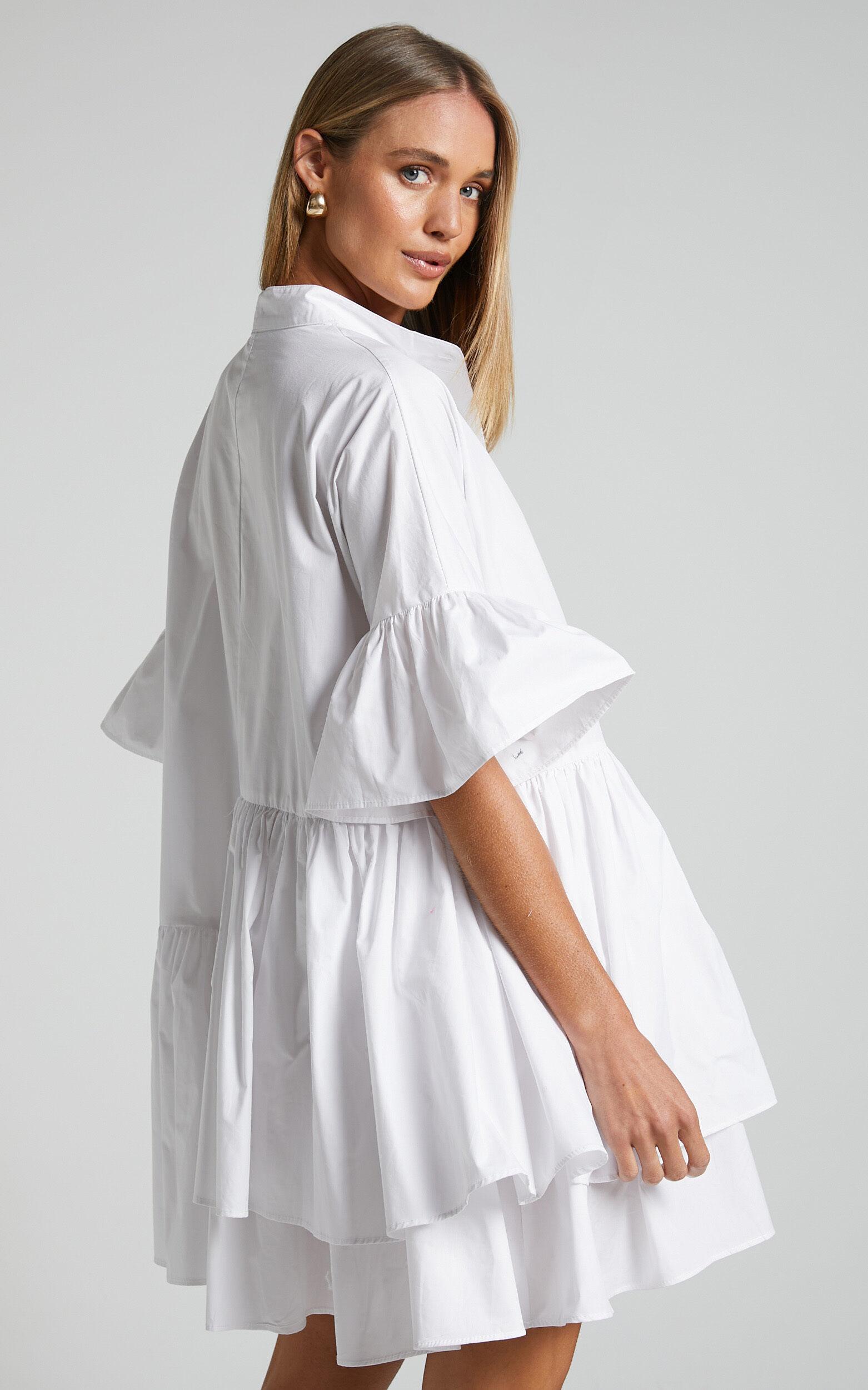 Elowen Mini Dress - Button Up Asymmetrical Tiered Smock Dress in White Product Image