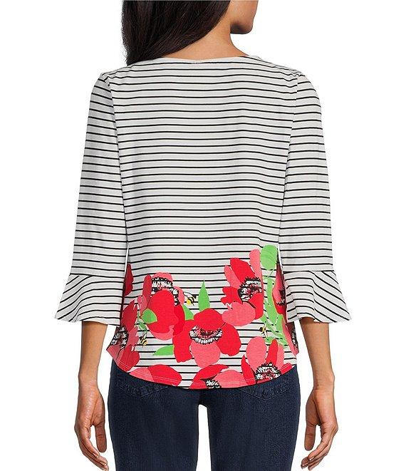 Ruby Rd. Embroidered Stripe Boat Neck 3/4 Sleeve Poppy Top Product Image