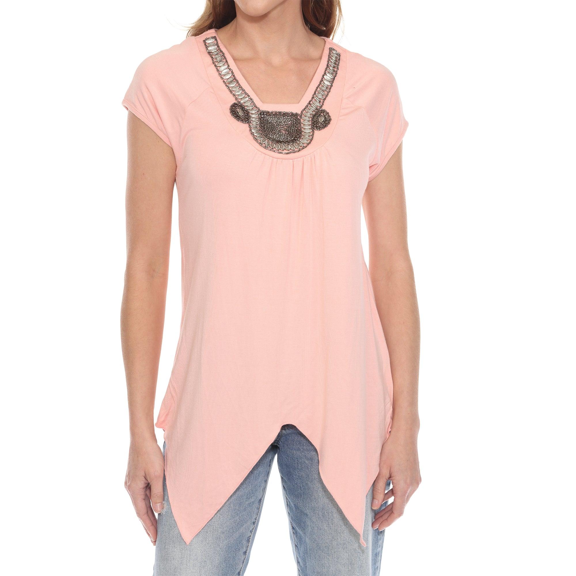 Coral Pink Beaded Angled Hem Knit Top Product Image