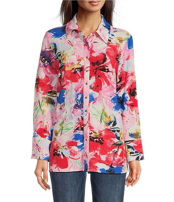 Calessa Antique Floral Print Textured Crinkle Point Collar Long Sleeve Button Front Tunic Product Image
