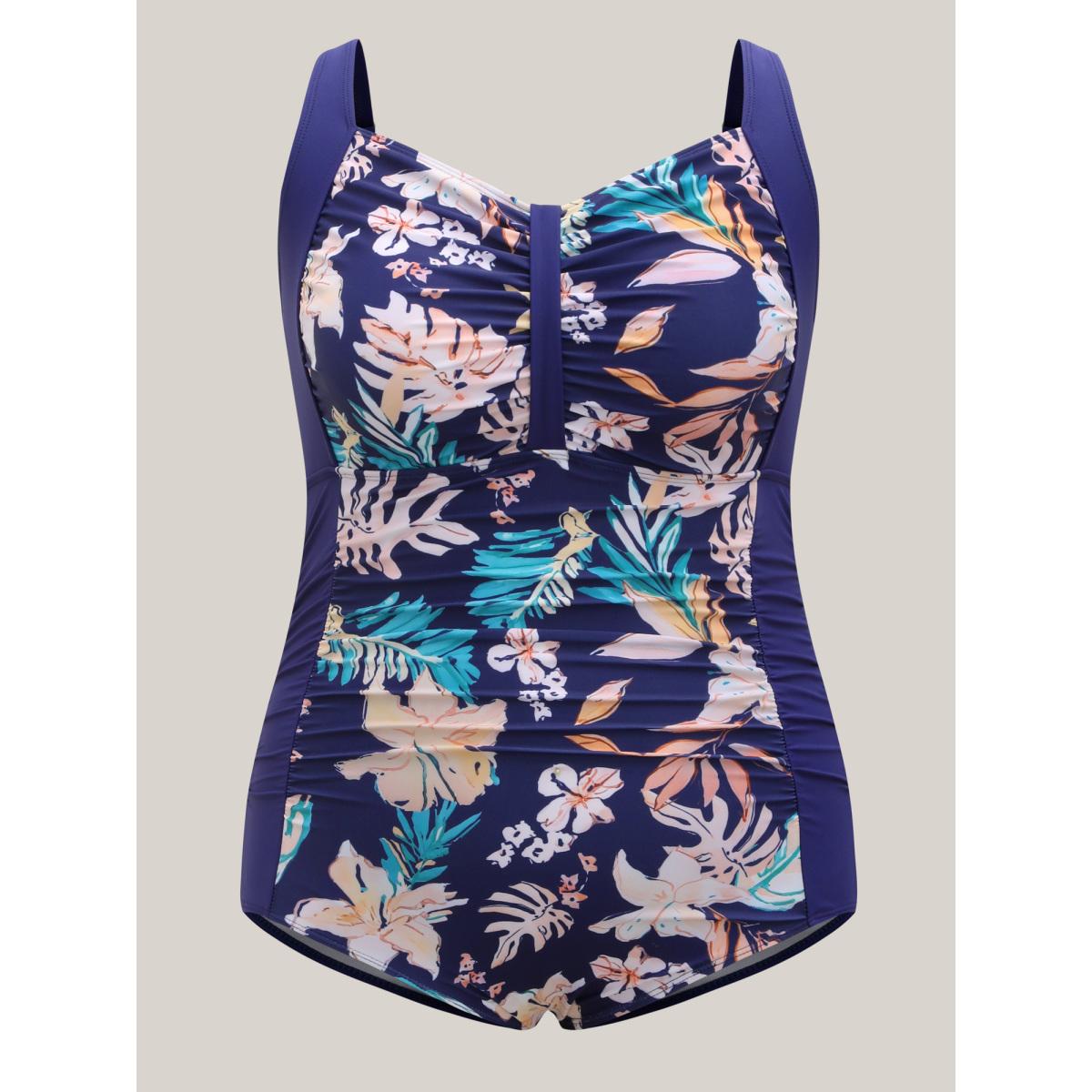 Plus Size Tropical Print Ruched One-Piece Swimsuit Women's Swimwear Indigo Beach Gathered Curve Bathing Suits High stretch One Pieces BloomChic 10/M Product Image