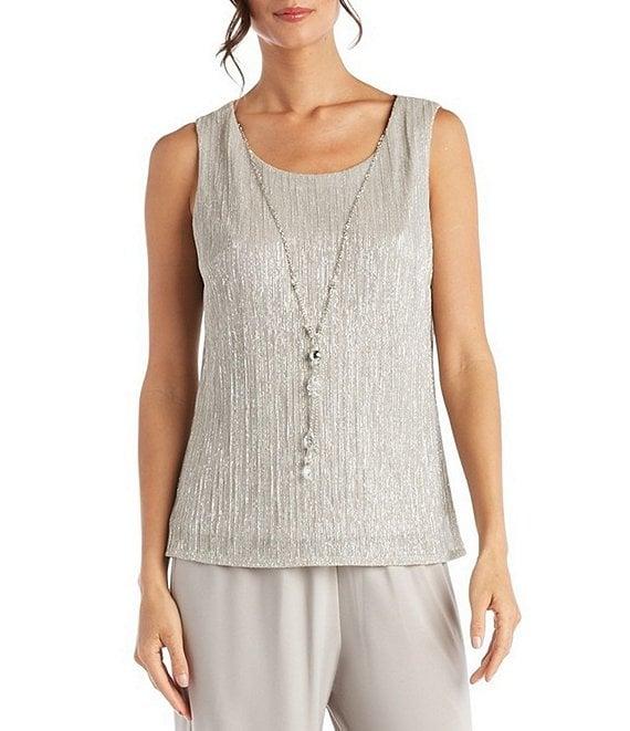 R & M Richards Petite Size Pleated Metallic Scoop Neck 3/4 Sleeve 2-Piece Pant Set Product Image