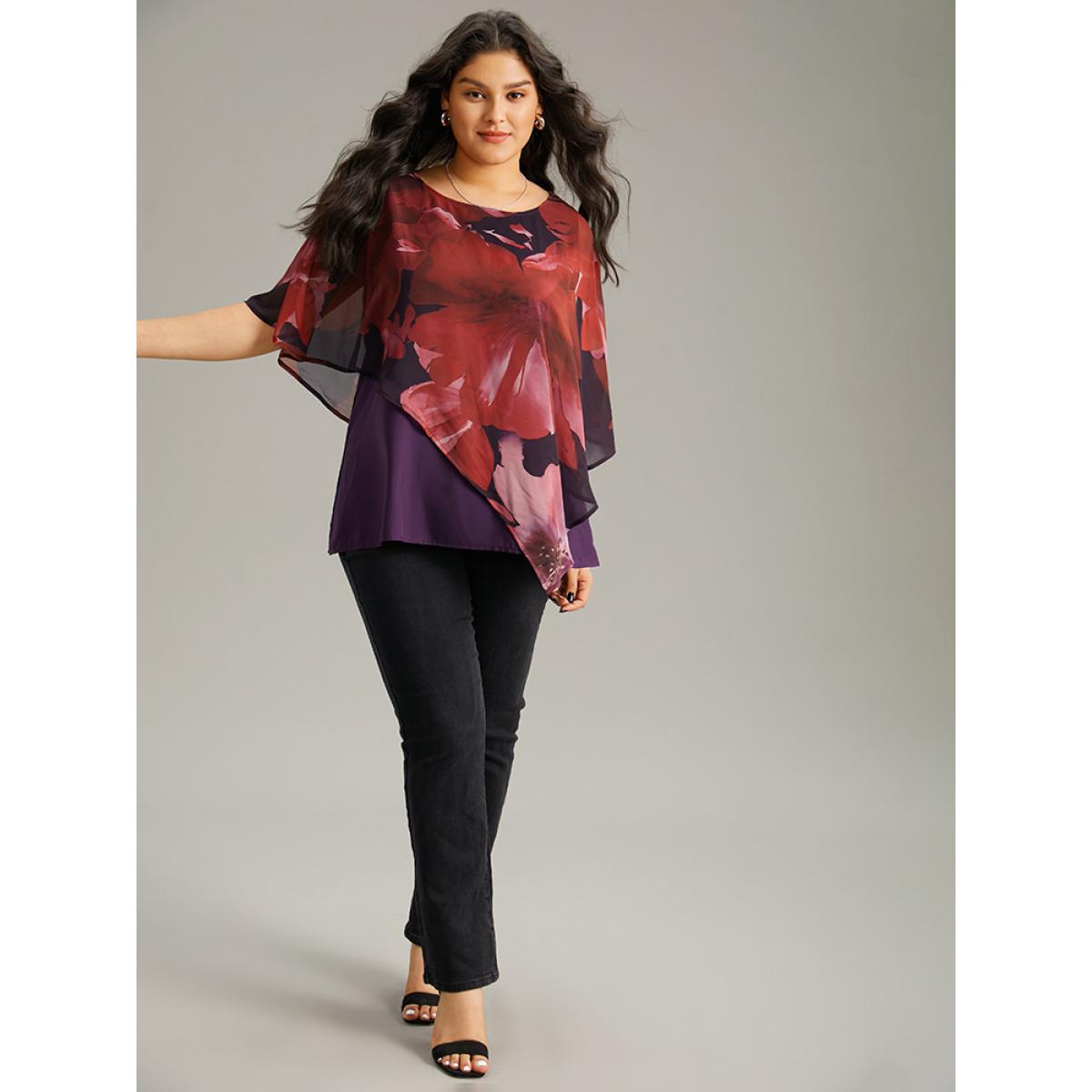 Plus Size Purple Floral Mesh Asymmetrical Dolman Sleeve Blouse Women Glamour Short sleeve Round Neck Going out Blouses BloomChic 18-20/2X Product Image