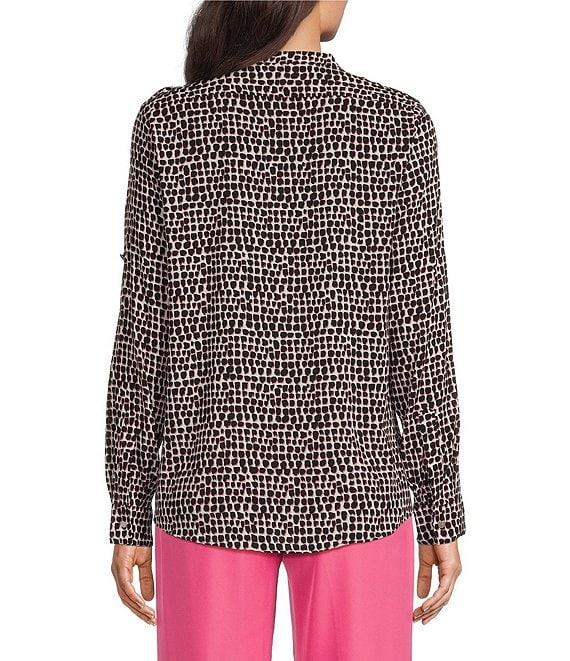 Calvin Klein Crew Neck Printed Roll Sleeve Button Front Blouse Product Image