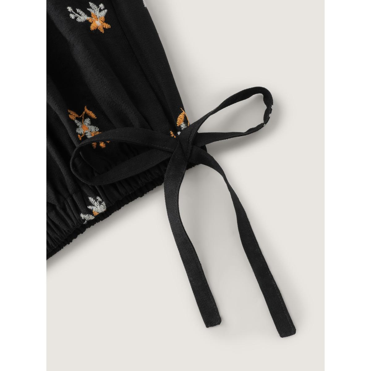 Plus Size DarkBlue Floral Shirred Tie Square Neck Jumpsuit Women Leisure Long Sleeve Square Neck Casual Loose Jumpsuits BloomChic 18-20/2X Product Image