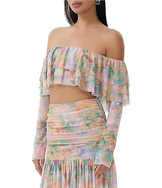 AFRM Alma Printed Mesh Knit One Shoulder Neck Long Sleeve Ruffle Coordinating Top Product Image