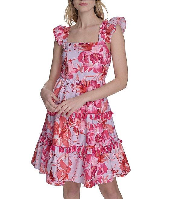 Eliza J Poplin Floral Print Square Neck Cap Sleeve Fit and Flare Mini Dress Product Image