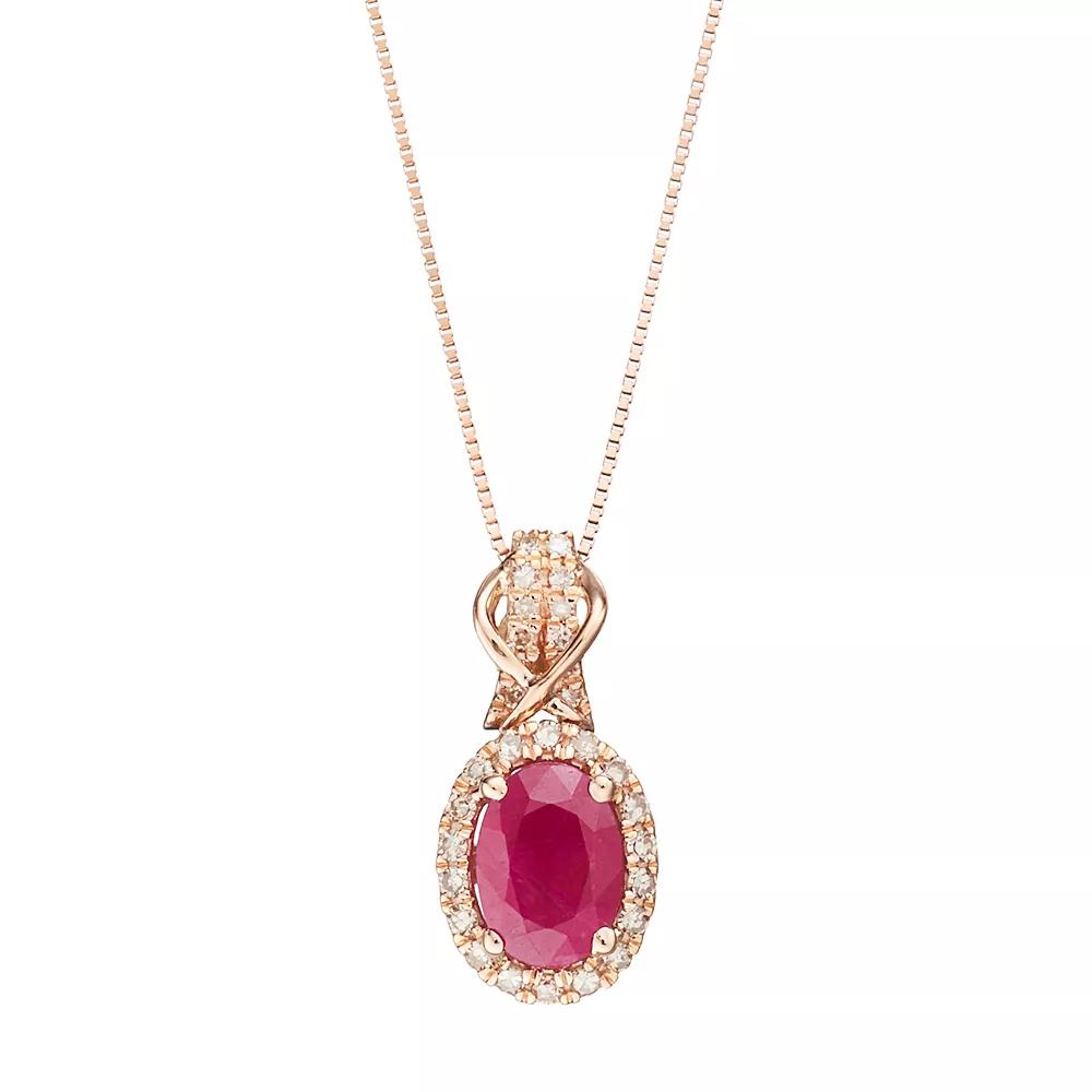 Gemminded 10k Rose Gold Ruby & 1/6 Carat T.W. Diamond Halo Pendant Necklace, Women's, Size: 18", Red Product Image