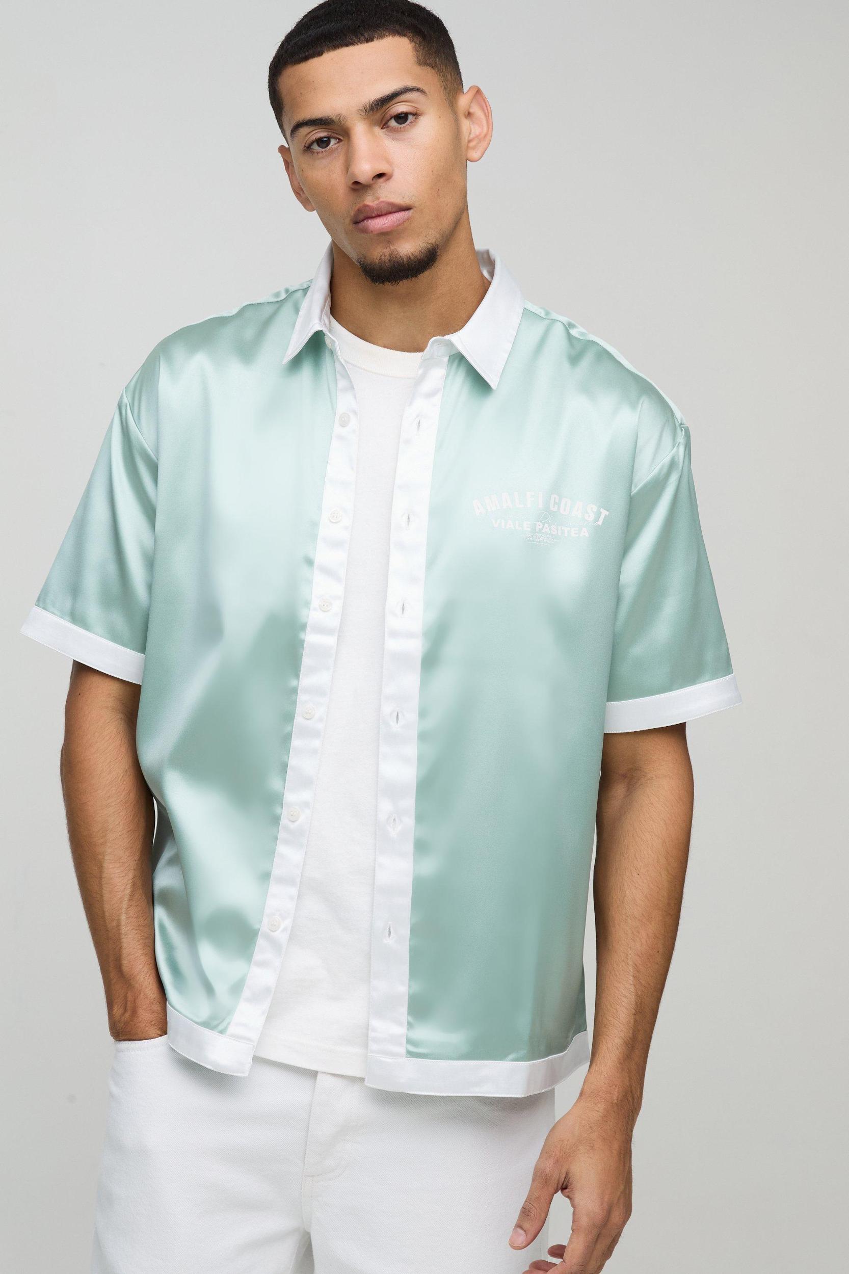 Oversized Amalfi Printed Satin Collared Shirt | boohooMAN USA Product Image