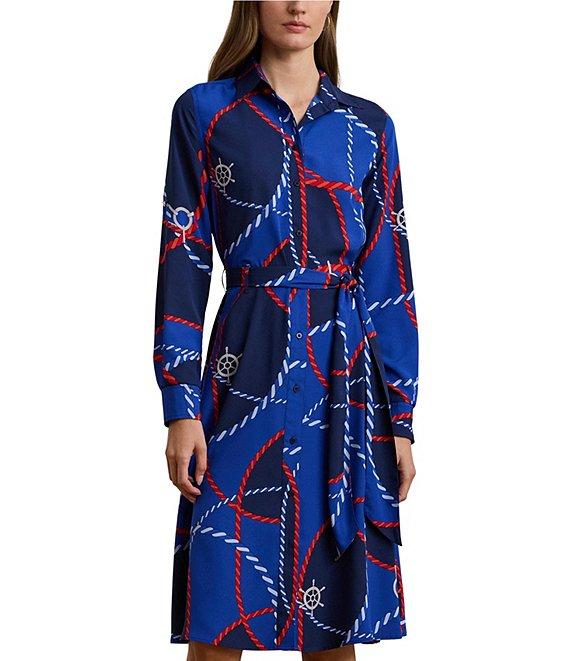 Lauren Ralph Lauren Crepe De Chine Rope Print Point Collar Long Sleeve Button Front Fit-And-Flare Shirtdress Product Image