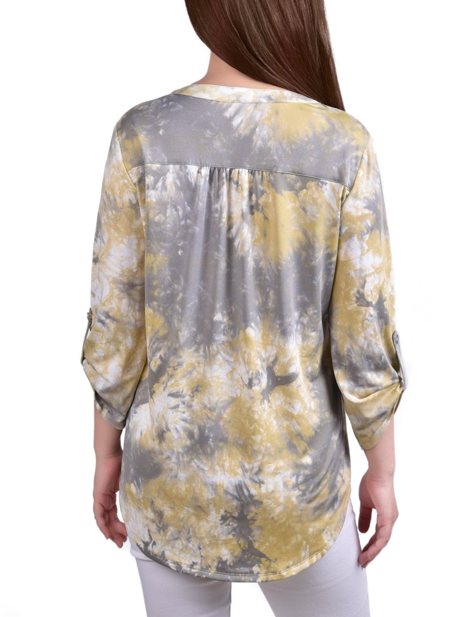 Yellow Tiedye 3/4 Bell Sleeve Pleat Front Y Neck Top - Petite Product Image