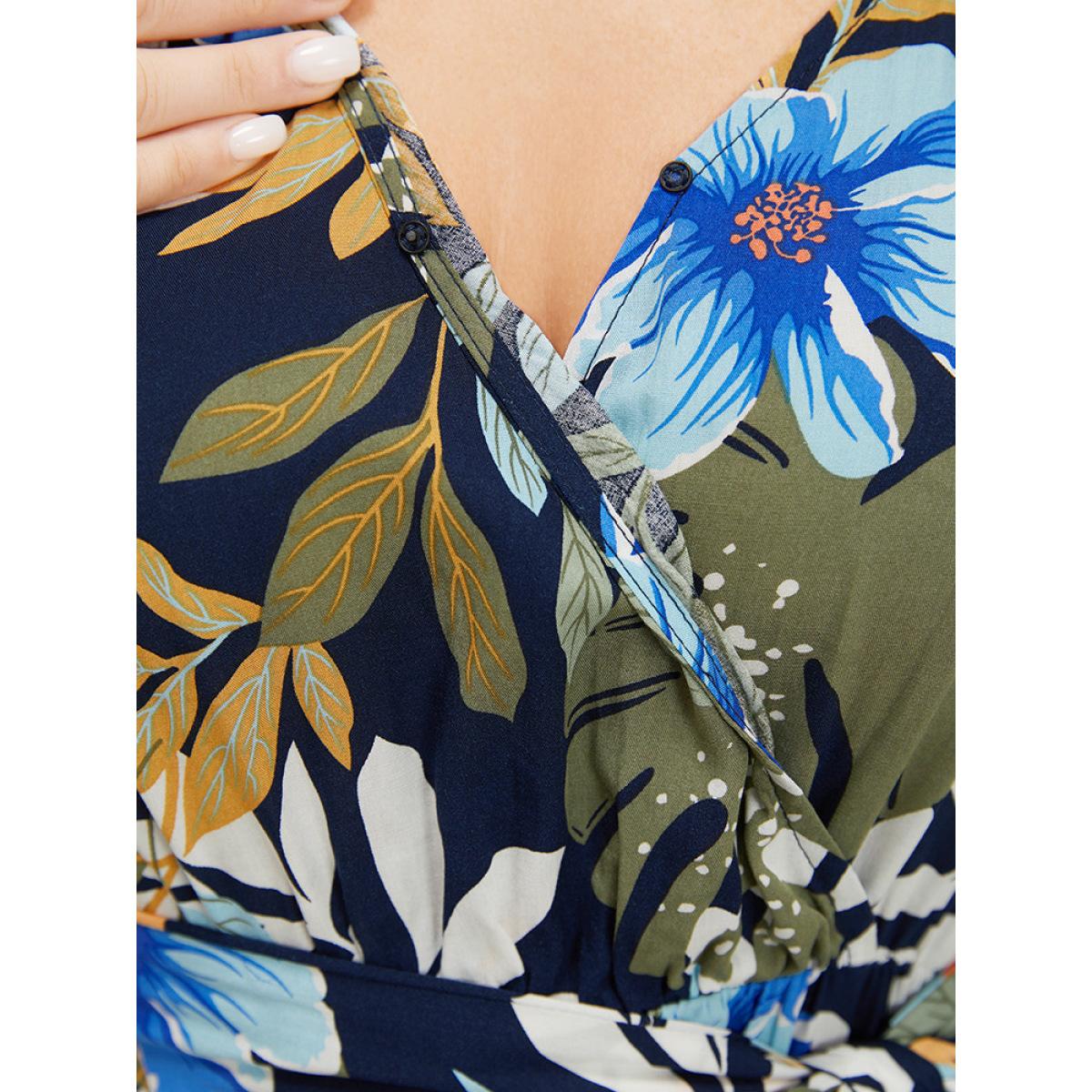 Plus Size Floral High Low Hem Pocket Ruffles Wrap Dress Indigo Women Elegant Wrap V-neck Short sleeve Curvy Midi Dress BloomChic 22-24/3X Product Image