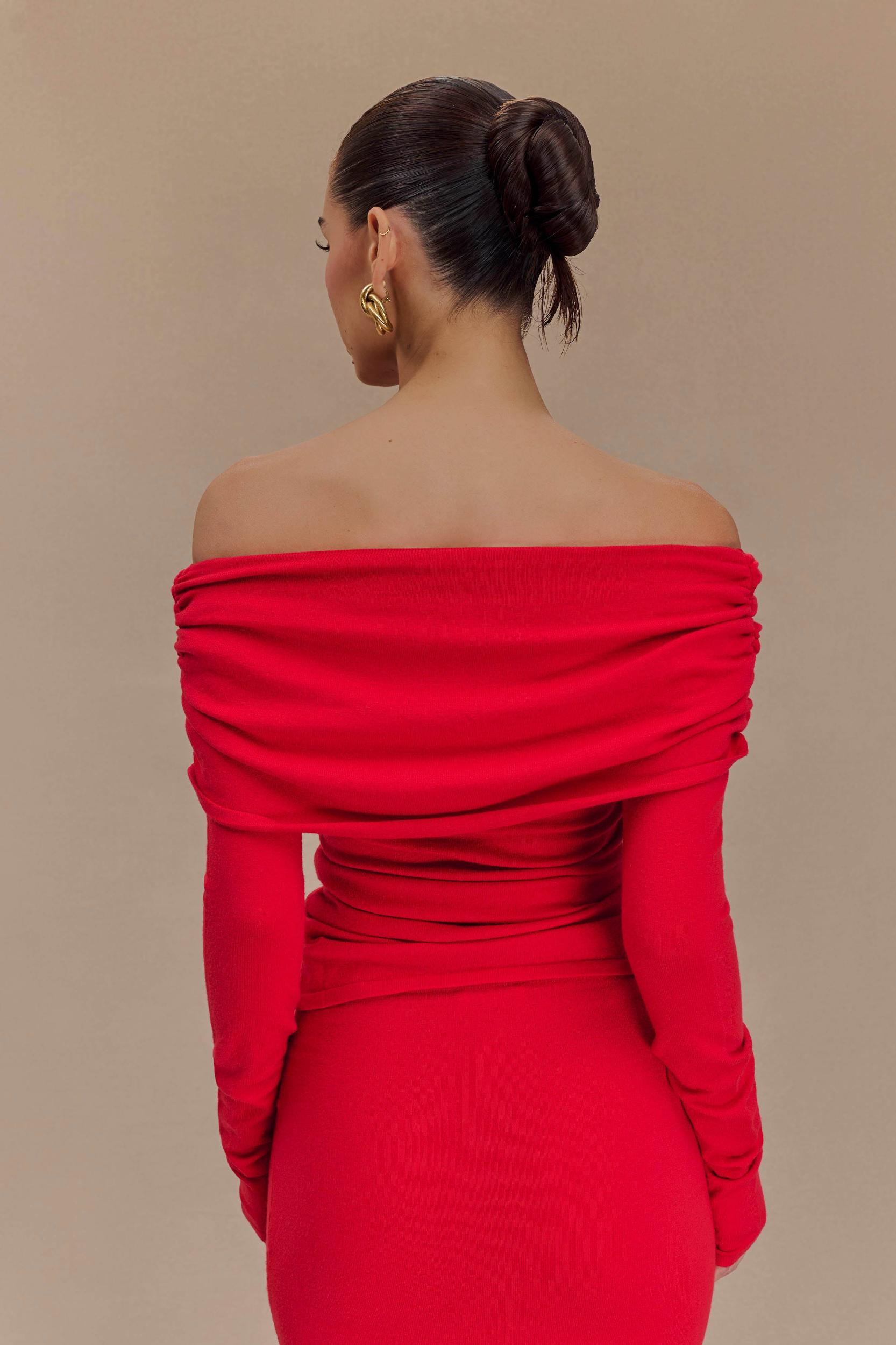 Polly Off Shoulder Long Sleeve Knit Top - Red Product Image