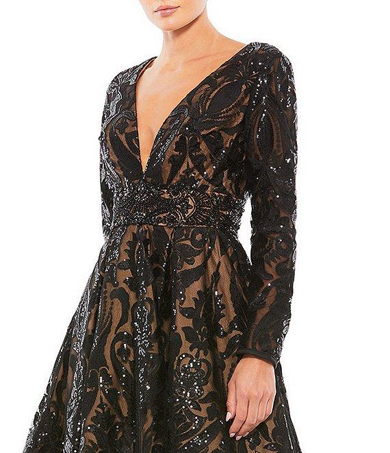 Mac Duggal Deep V-Neck Long Sleeve Fully Lined Sequin Fit and Flare Midi Dress Product Image