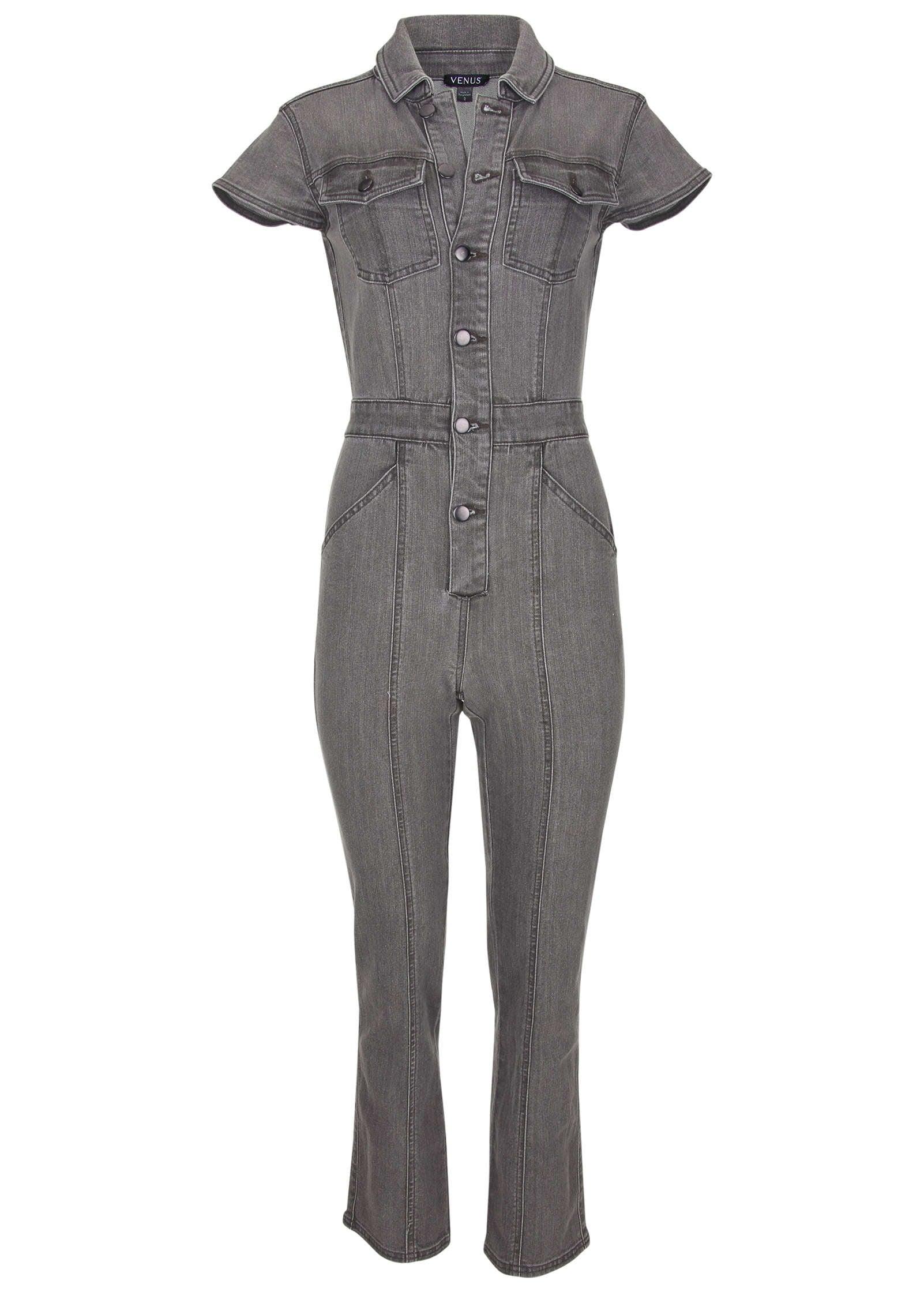 Cap Sleeve Denim Jumpsuit - Grey Wash Product Image