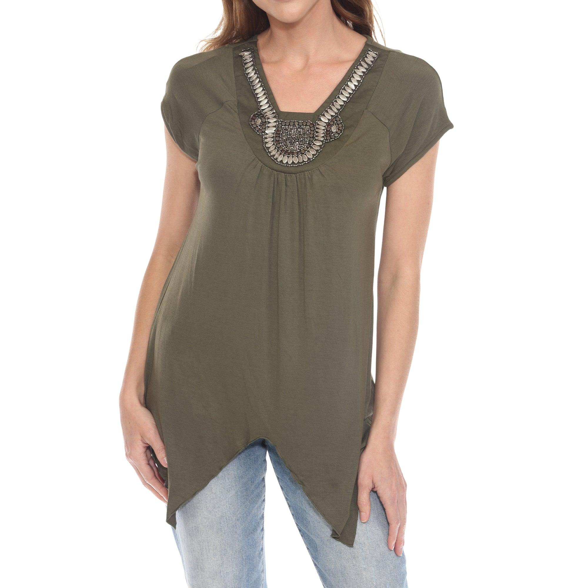 Olive Beaded Angled Hem Knit Top Product Image
