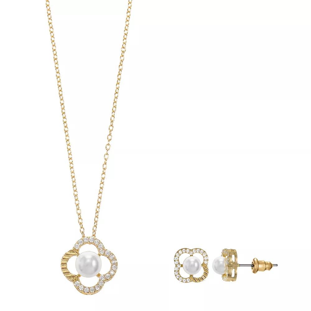 Gold Tone Cubic Zirconia Simulated Pearl Necklace & Stud Earrings Set, Women's, Size: 18+3" Product Image